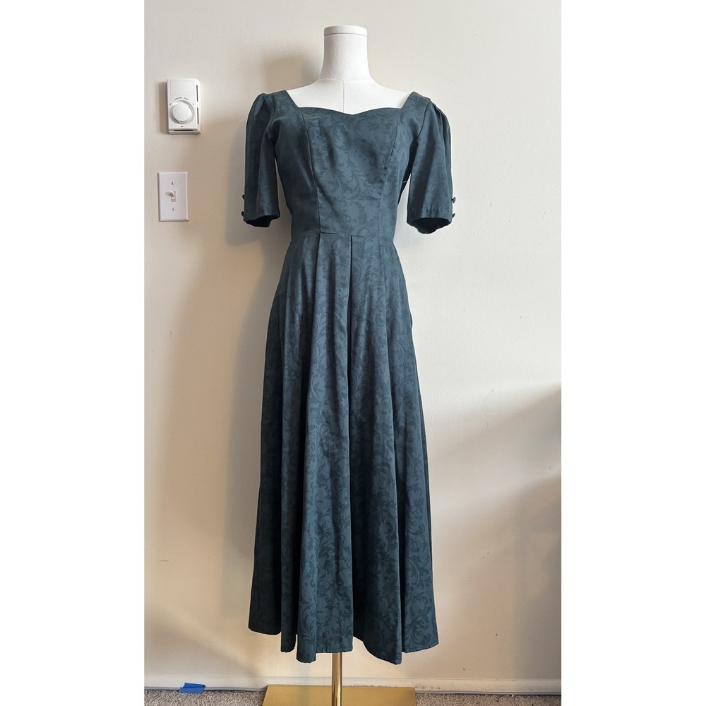 Vintage Laura Ashley Dress Bow Back A Line Floral Green 80s 90s Cotton